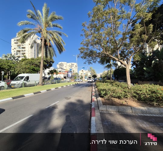 רחוב עירוני ובו בנייני מגורים, עצי תמר וצמחייה